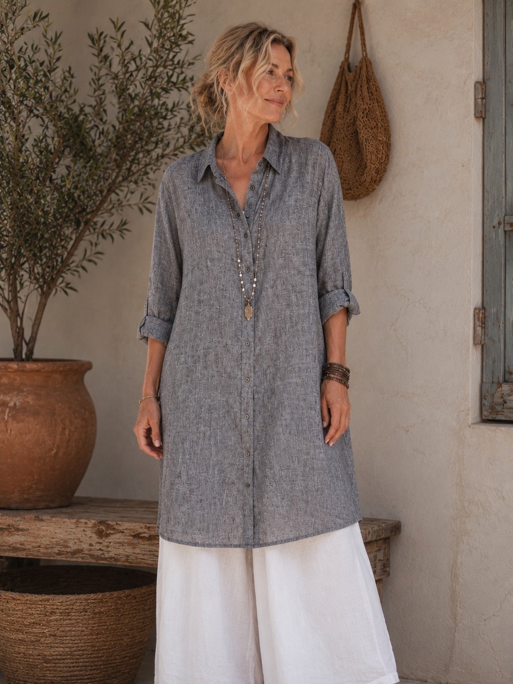 Soft Surroundings Lagenlook 100% Linen Button Down Shirt Dress Coastal